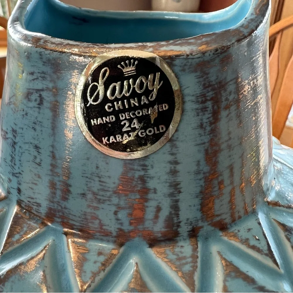 Large Savoy Decorative Ceramic Vase Aqua With Gold Sheen Overglaze